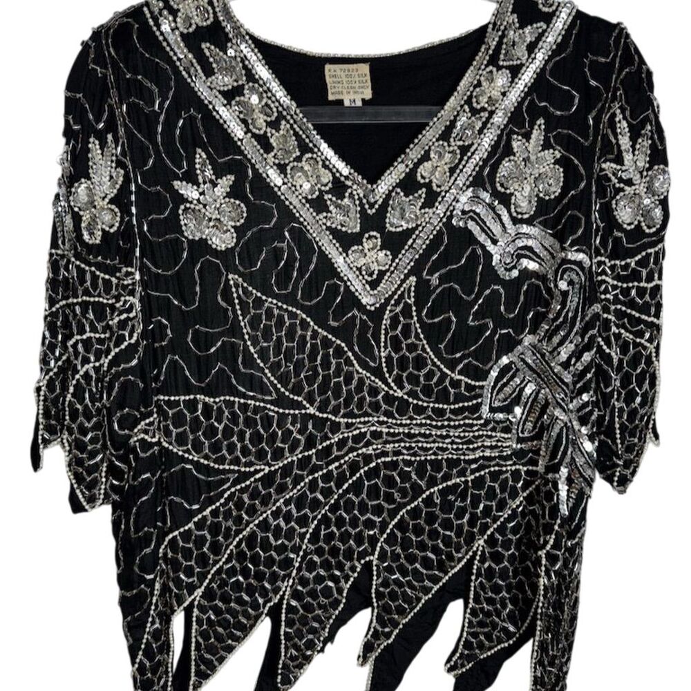 Vintage M Black Silver‎ Beaded Sequin Geometric Party Blouse Top Sexy Disco Rock